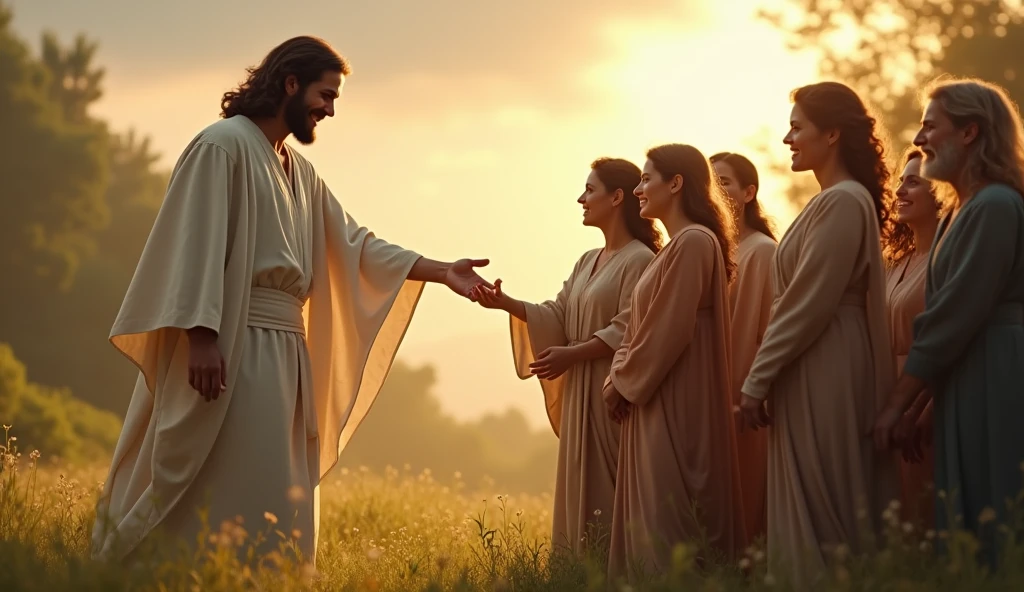 Create an inspiring and touching image of Jesus extending his hand to the people. Jesus should be depicted with a loving and compassionate expression, wearing traditional, light-colored robes. The scene should convey a serene and welcoming atmosphere, with soft lighting that highlights the outstretched hand. In the background, include a diverse group of people of various ages and ethnicities, all with expressions of hope and gratitude, as if receiving a blessing. The setting could be outdoors, perhaps in a verdant field or a tranquil natural landscape, to emphasize a sense of peace and inclusion