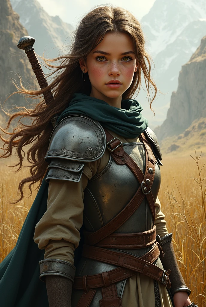 17 year old girl with brown hair, light brown hazel eyes, White skin, dressed as a warrior with a round face