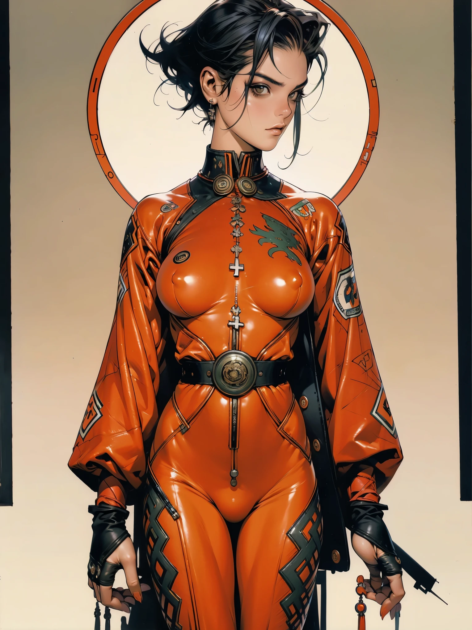 (((Grace Jones))), (((red suit))), (((back view))), (((perfect ass))), ((( soldier suit ))), (((Black short haircut))), (((Afro girl))), ((high collar)), (((red army suit))), (((best qualityer: 1.4))), (Unbeatable masterpiece), (hiper HD),(CG 8k hyper-realistic), (((brave face))), (((breasts big))), (((hyper feminine))), sexly girl, ((( sculptural body ))), (((1 Kizi))), Kizi cibernética de 25 anos com perfectbody,,Beautiful and well-groomed face,muscular body:1.2,solid color detailed jacket, (Head to thigh photos)， Complex equipment, green dark，Long pants，Tight clothes are dark，With white stars and off-white stripes,,,,,Armor Metal Electronic Parts, Poison tattoos ) INFO, Kizi, (((standing alone))), pirralha violent, ((())), sexly, pose de atitude, work of art, post-apocalypse, (((manga style))), bounty hunter, violent, Manic, the way you want, slenderbody, thin but strong, perfectbody, roupa moderna, advanced technology, neon, sleeves with vertical striped pattern, neutral background, (( cowboy shot )). intricate visual