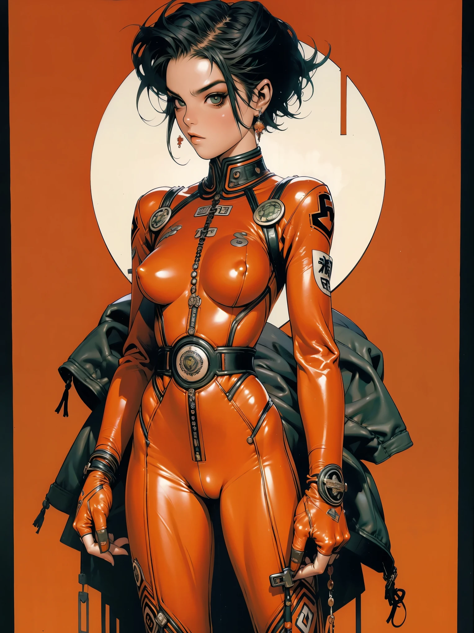 (((Grace Jones))), (((red suit))), (((back view))), (((perfect ass))), ((( soldier suit ))), (((Black short haircut))), (((Afro girl))), ((high collar)), (((red army suit))), (((best qualityer: 1.4))), (Unbeatable masterpiece), (hiper HD),(CG 8k hyper-realistic), (((brave face))), (((breasts big))), (((hyper feminine))), sexly girl, ((( sculptural body ))), (((1 Kizi))), Kizi cibernética de 25 anos com perfectbody,,Beautiful and well-groomed face,muscular body:1.2,solid color detailed jacket, (Head to thigh photos), Complex equipment, green dark,Long pants,Tight clothes are dark,With white stars and off-white stripes,,,,,Armor Metal Electronic Parts, Poison tattoos ) INFO, Kizi, (((standing alone))), pirralha violent, ((())), sexly, pose de atitude, work of art, post-apocalypse, (((manga style))), bounty hunter, violent, Manic, the way you want, slenderbody, thin but strong, perfectbody, roupa moderna, advanced technology, neon, sleeves with vertical striped pattern, neutral background, (( cowboy shot )). intricate visual