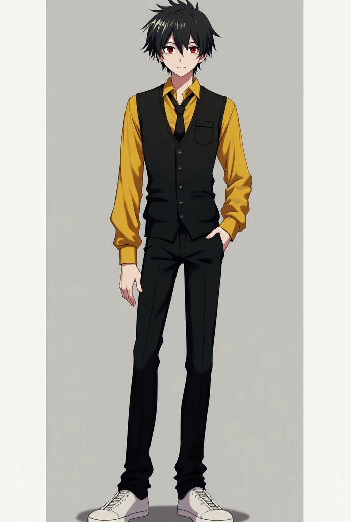 Create a pubescent Boku no hero academia style male character, tall and with a serene expression, with black sclera, red iris and black pupil, black hair with white streaks young, with a black vest with black pants and white shoes, with a yellow shirt and a small tie