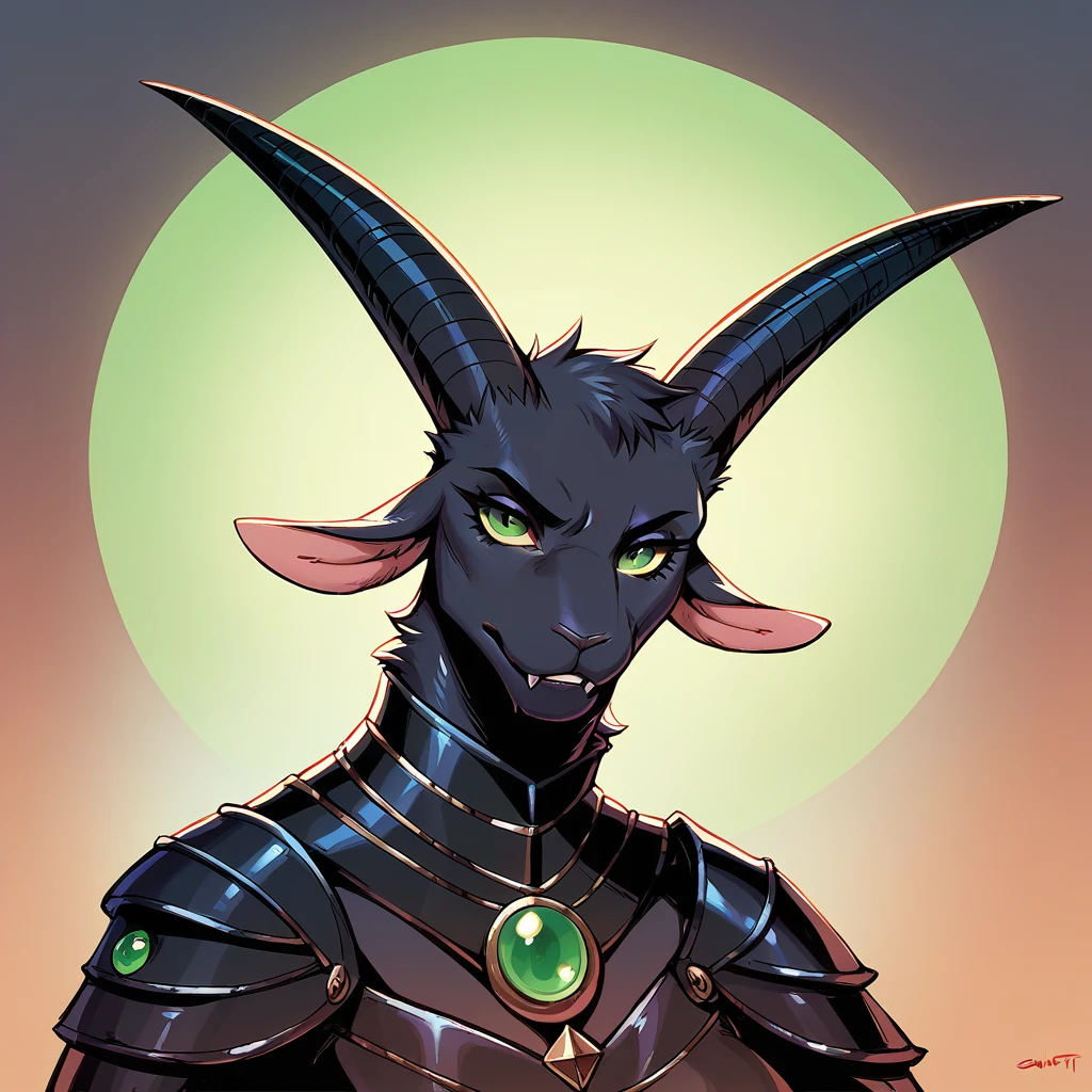 gewitter, score_9, score_8_up, score_7_up, score_6_up, Evil goat with ebony black fur and green eyes in demonic armor
