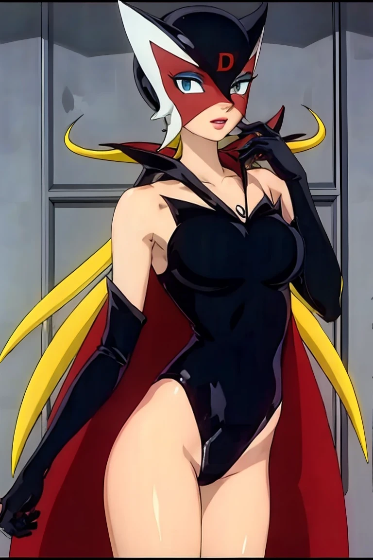 (masterpiece:1.3),(highest quality:1.4),(Super detailed:1.5),8k,High resolution,(an extremely delicate and beautiful:1.8),Official Art,Perfect Anatomy,(90s anime,90s anime style,Cel-shaded anime:1.17),(anime screencap,anime coloring:1.25),((Doronjo:1.52)),Perfect Face, (Accurate hand and finger depiction), (Doronjo Mask), ((Black see-through leotard costume)), ((A large red D is engraved on the front of the mask)),couwboy shot,