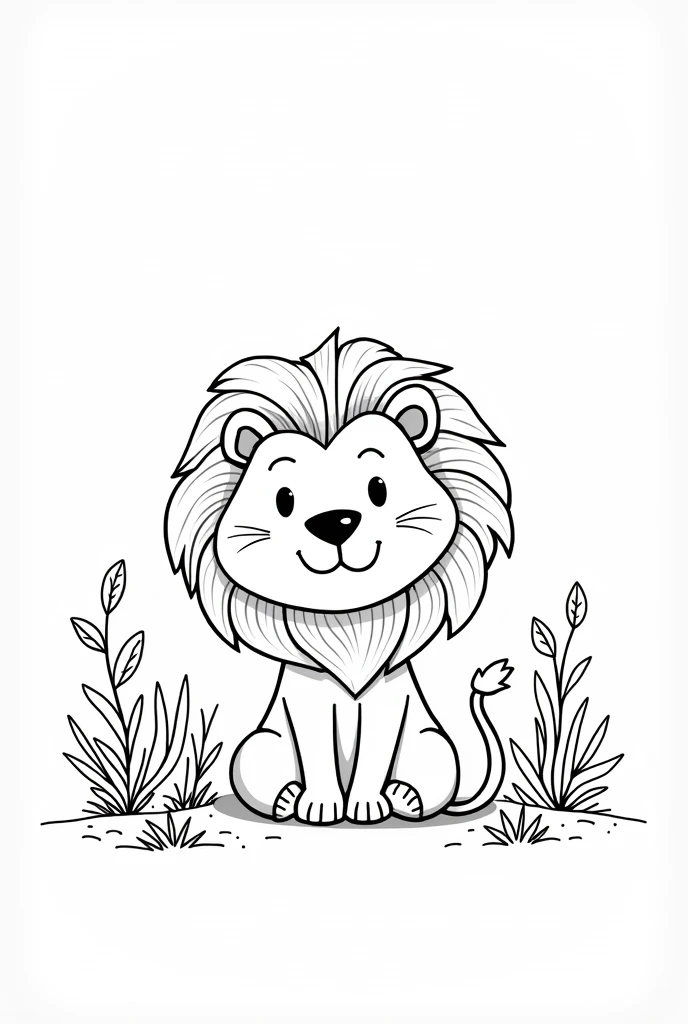 Cartoon style illustration of a lion in the forest, black and white, for coloring without shading, cute