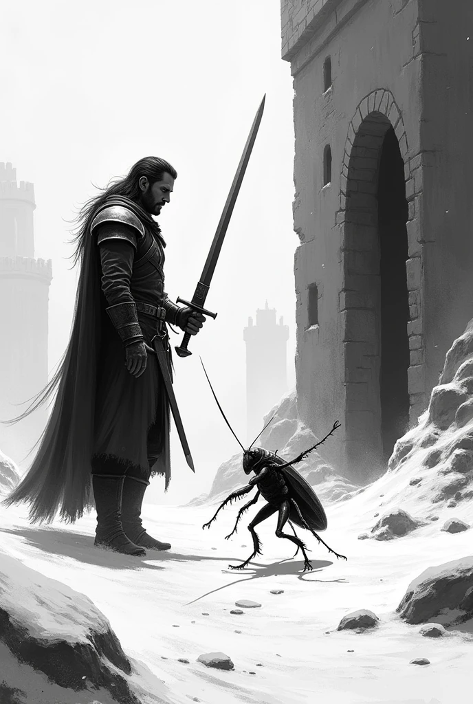 Human with sword fighting cockroach with sword , Mediovale , black and white white scenery,