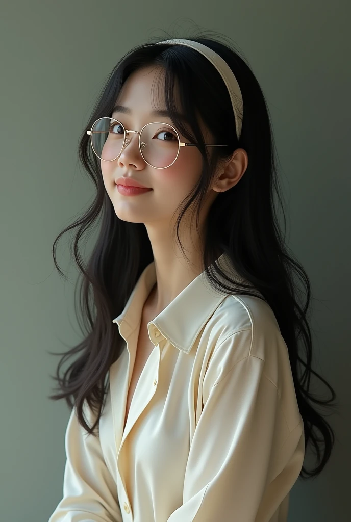 Wearing glasses, 1 Japan, Long Hair, High resolution, Small breasts, sight, Black Hair, Anatomically correct, Sparkling eyes, Eyebrows hidden under hair, hair band, Lightweight long shirt dress, Full body portrait,Long Hair, look up, Portrait Photography, 3D Rendering, Naughty laughter, 