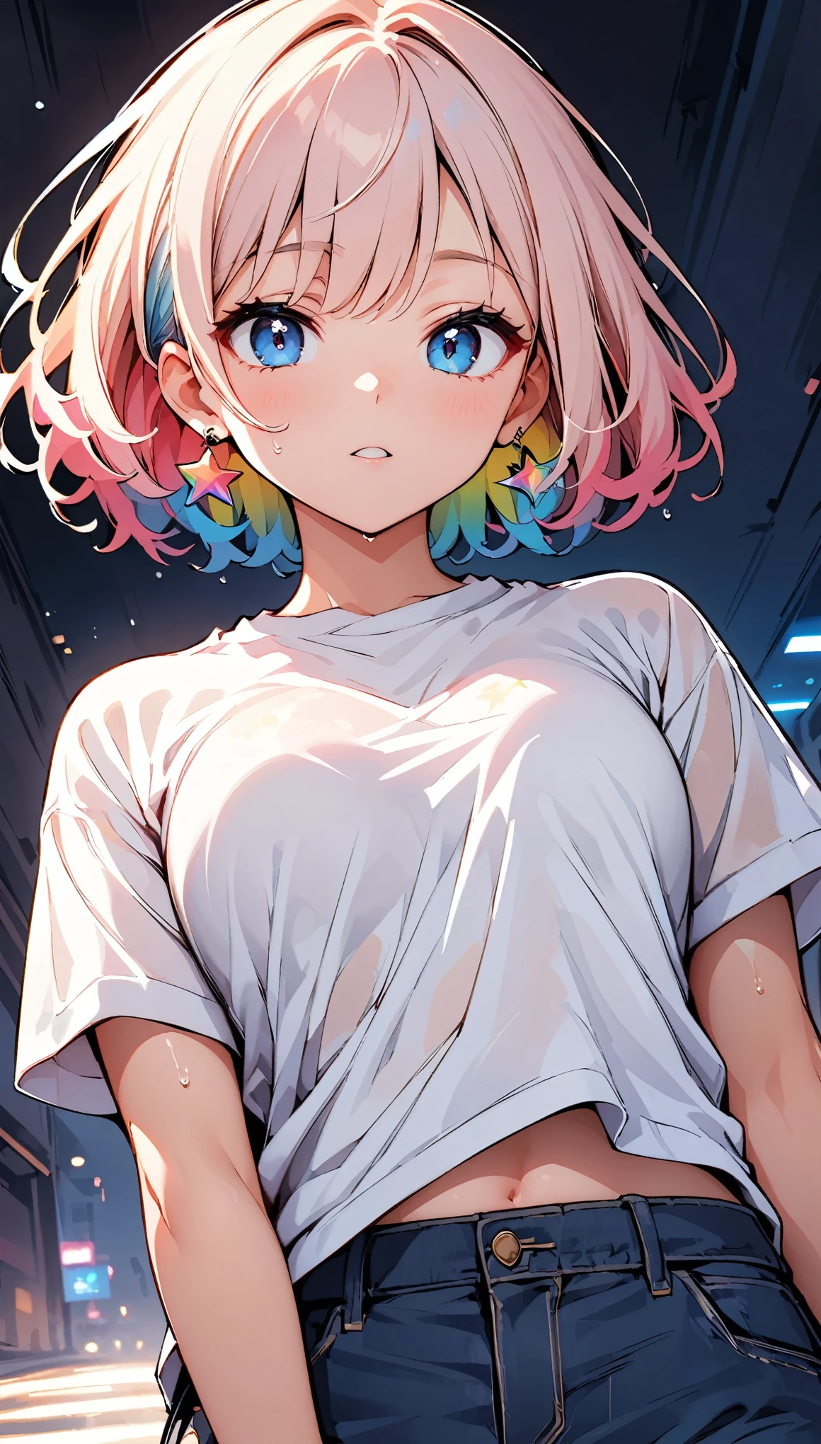 (high quality, 8k, 4K, High Contrast, masterpiece:1.2, 最high quality, Best aesthetics), (Dynamic Angle), ((1 female )), ((Plain and bright background)), ((Flat Color)),(Plain white T-shirt on the upper body), (jeans), Looking at the audience, Upper Body, Transparent Background, Sleepy eyes, High Contrast, Contrasting colors, Pale pink and blue lighting, ((Short Hair)) , Rainbow Hair, Small star-shaped earrings in both ears, watch, bright eyeshadow, Cool look, Wet T-shirt, Medium Shot