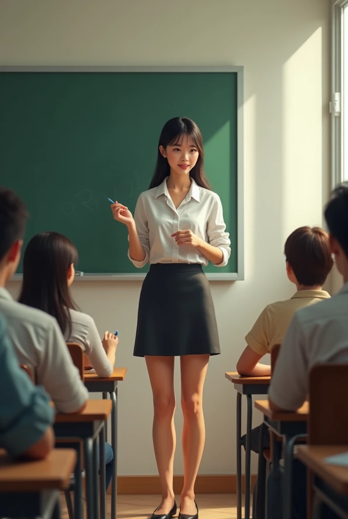 Young teacher for adults does not notice, that her skirt is too short