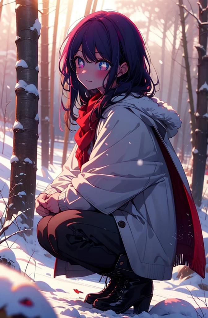 aihoshino, Ai Hoshino, Long Hair, bangs, (Purple eyes:1.1), Purple Hair, (Symbol-shaped pupil:1.5), smile,,smile,blush,white breath,
Open your mouth,snow,Ground bonfire, Outdoor, boots, snowing, From the side, wood, suitcase, Cape, Blurred, , forest, White handbag, nature, Squat, Mouth closed, Cape, winter, Written boundary depth, Black shoes, red Cape break looking at viewer, Upper Body, whole body, break Outdoor, forest, nature, break (masterpiece:1.2), Highest quality, High resolution, unity 8k wallpaper, (shape:0.8), (Beautiful and beautiful eyes:1.6), Highly detailed face, Perfect lighting, Highly detailed CG, (Perfect hands, Perfect Anatomy),