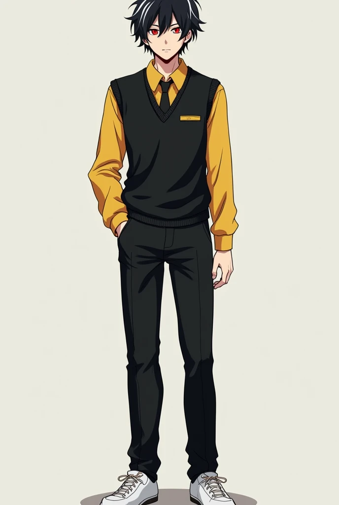 Create a pubescent Boku no hero academia style male character, tall and with a serene expression, with black sclera, red iris and black pupil, black hair with white streaks young, with a black vest with black pants and white shoes, with a yellow shirt and a small tie