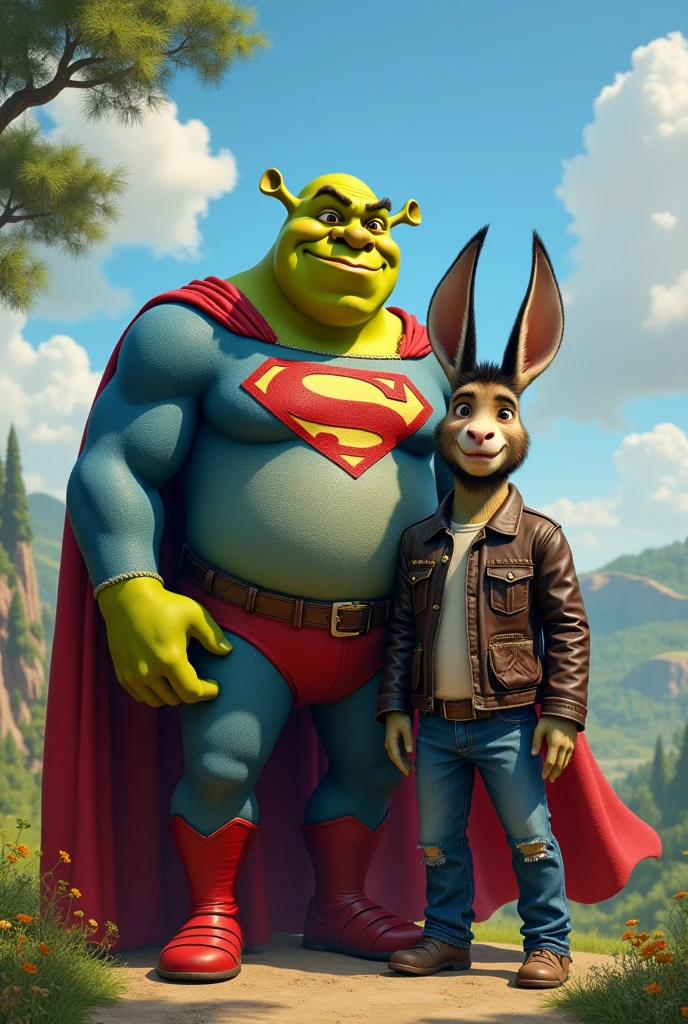 Sherek com roupa de superman e burro com roupa do Wolverine
