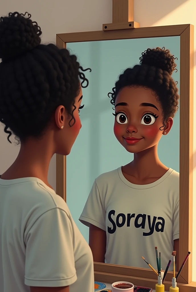 Une jeune fille noir avec des cheveux crépus,  peigné en chignon,  habillé avec un t-shirt qui écrit Soraya. Elle se regarde  dans un miroir et elle voit son reflet qui est habillé en artiste avec ses pinceaux , ses peintures,  un camera, elle est un peu artistique et tout.  Son reflet la regarde avec le sourire.  Je ne veux pas d'images d'enfants car elle a 19ans 