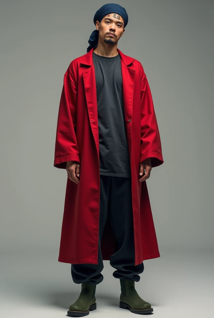 A man wearing a long dark red shirt that reaches to the knee with an opening in the front below the waist line and a dark gray t-shirt underneath, with sweatpants, a green ankle boot, with a dark blue bandana on his head and a phrase written on his forehead love in Japanese