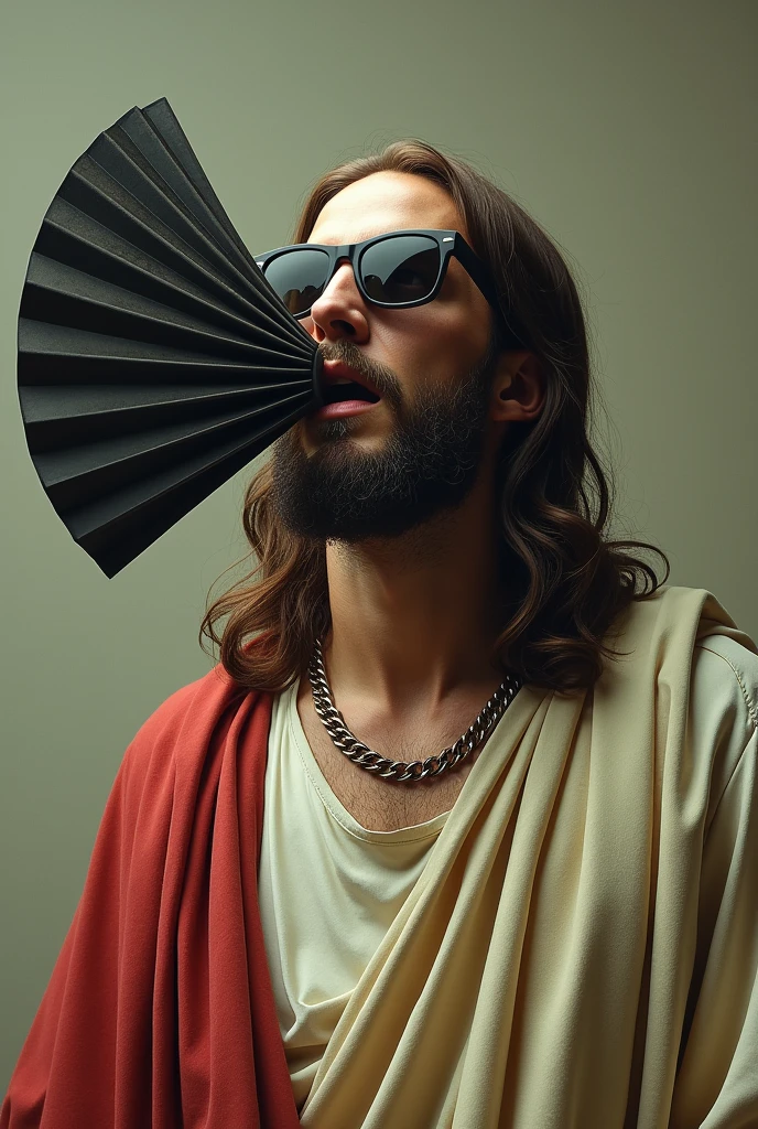 Jesus with a fan in his mouth, with dark glasses, betting