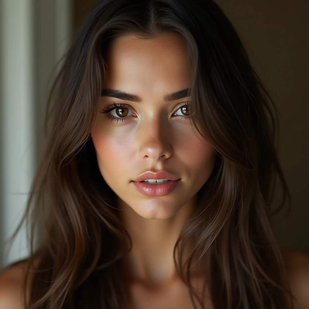 Young brunette woman long hair thin face brown eyes medium chest very thin face sexy model amateur photo very realistic male sex in mouth