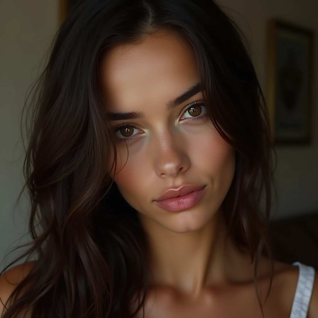 Young brunette woman long hair thin face brown eyes medium chest very thin face sexy model amateur photo very realistic male sex in mouth