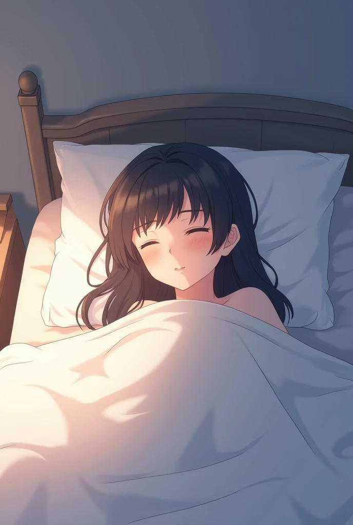 An anime character in a bed without sexy uncensored clothes