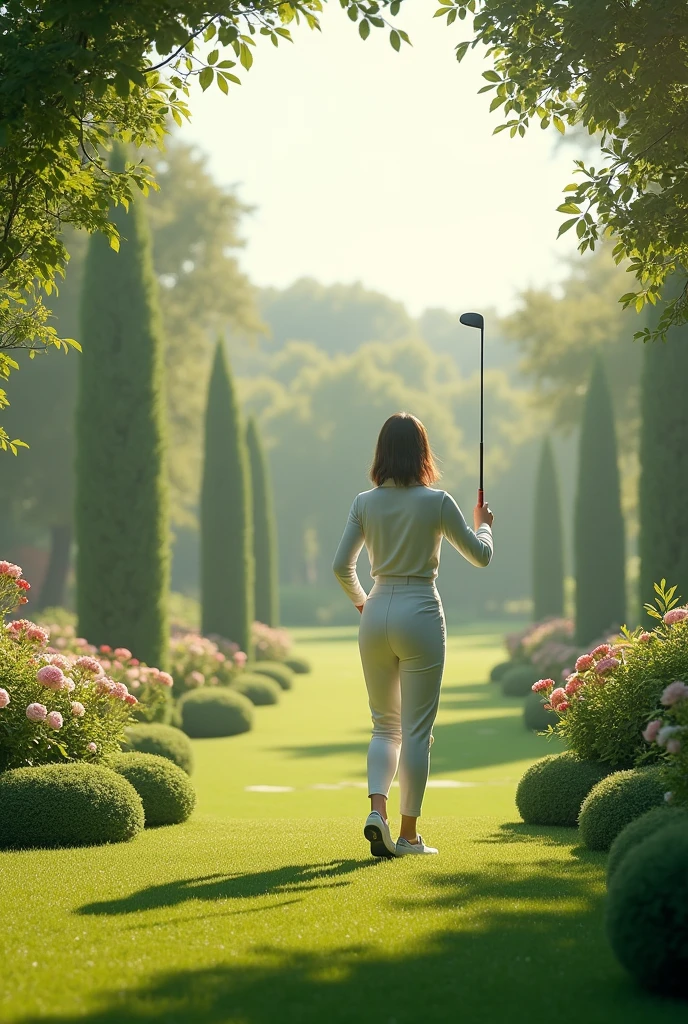Person dressed in white playing golf in garden
