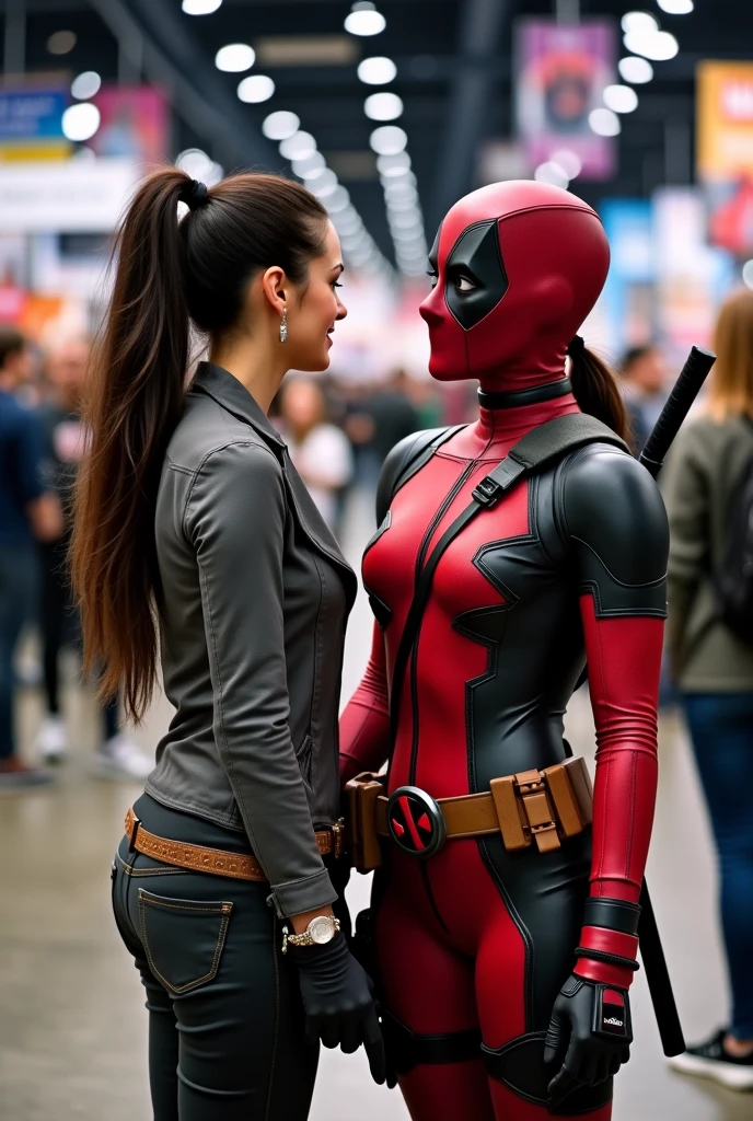 Brunette instagram influencer, dressed as Ladypool, hair in ponytail, Deadpool logo belt buckle, at a comic convention, in the style of comicon photos, taking picture with a female convention attendee