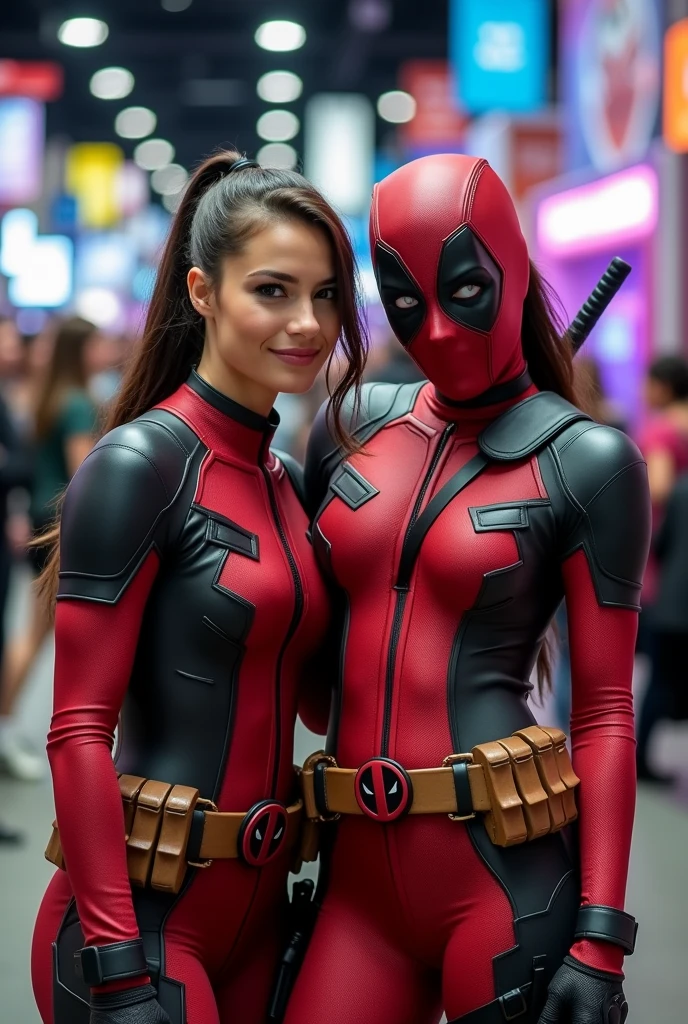 Brunette instagram influencer, dressed as Ladypool, hair in ponytail, Deadpool logo belt buckle, at a comic convention, in the style of comicon photos, taking picture with a female convention attendee
