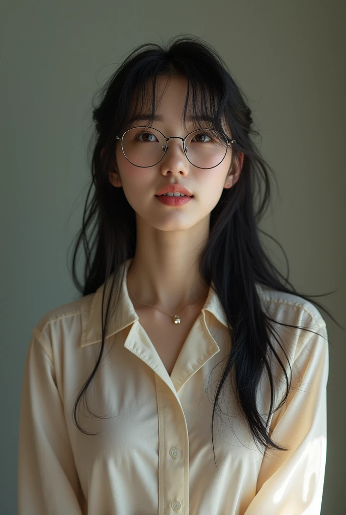 Wearing glasses, 1 Japan, Long Hair, High resolution, Small breasts, sight, Black Hair, Anatomically correct, Sparkling eyes, Eyebrows hidden under hair, hair band, Lightweight long shirt dress, Full body portrait,Long Hair, look up, Portrait Photography, 3D Rendering, Naughty laughter,