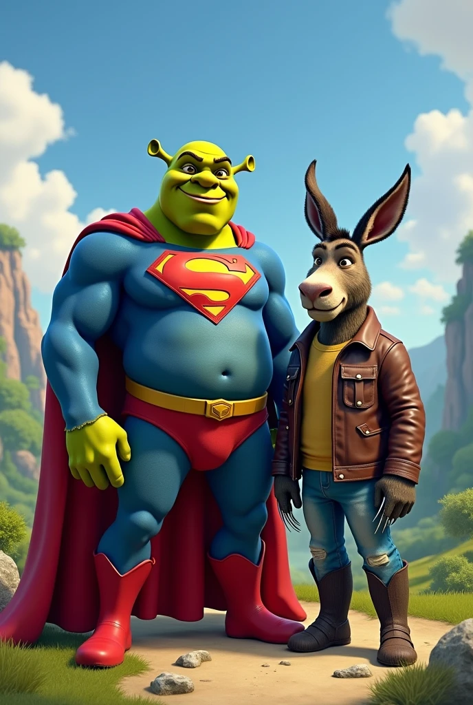 Sherek com roupa de superman e burro com roupa do Wolverine