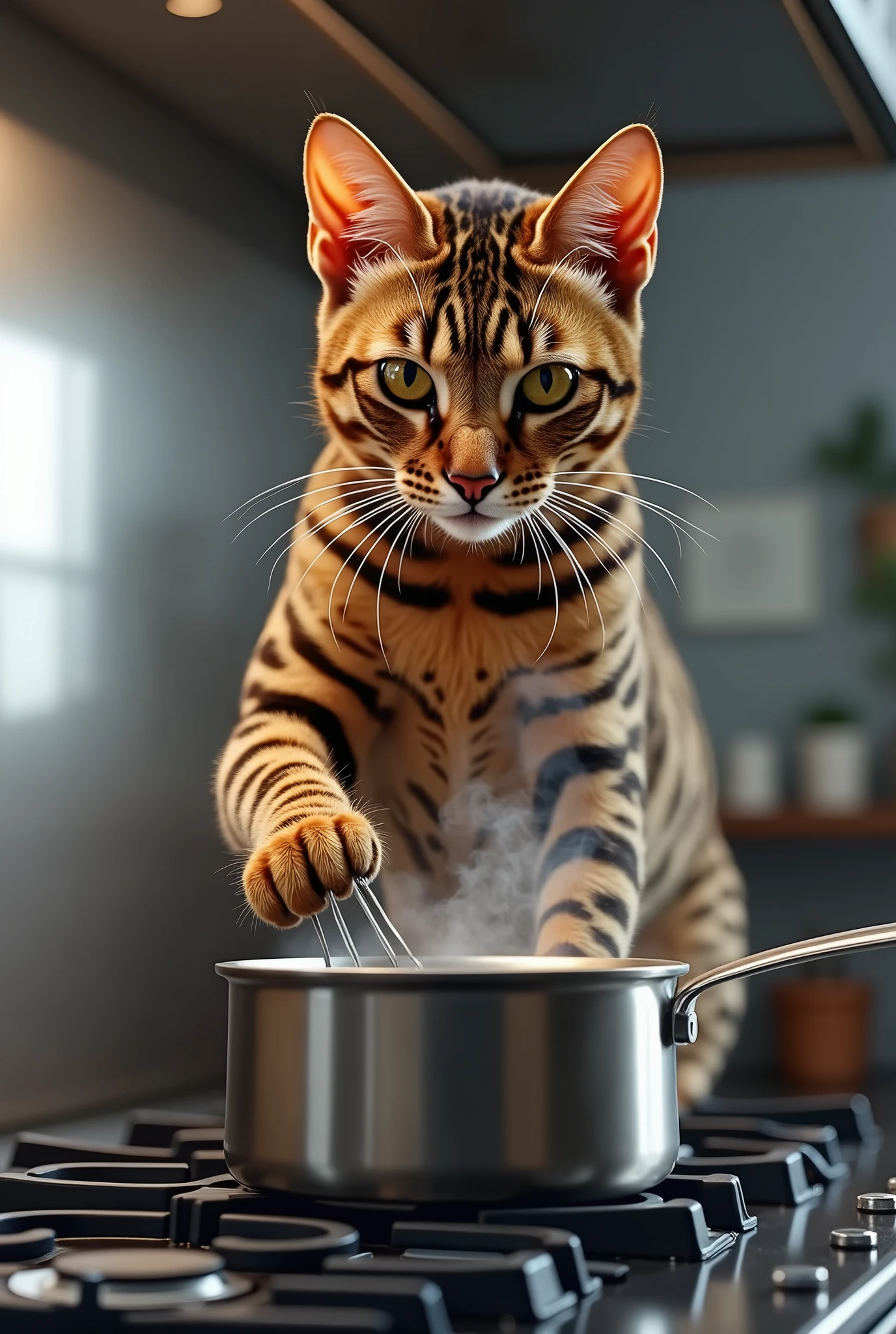 A highly detailed, realistic close-up of a Bengal cat cooking on a modern kitchen stove, wide-angle shot.