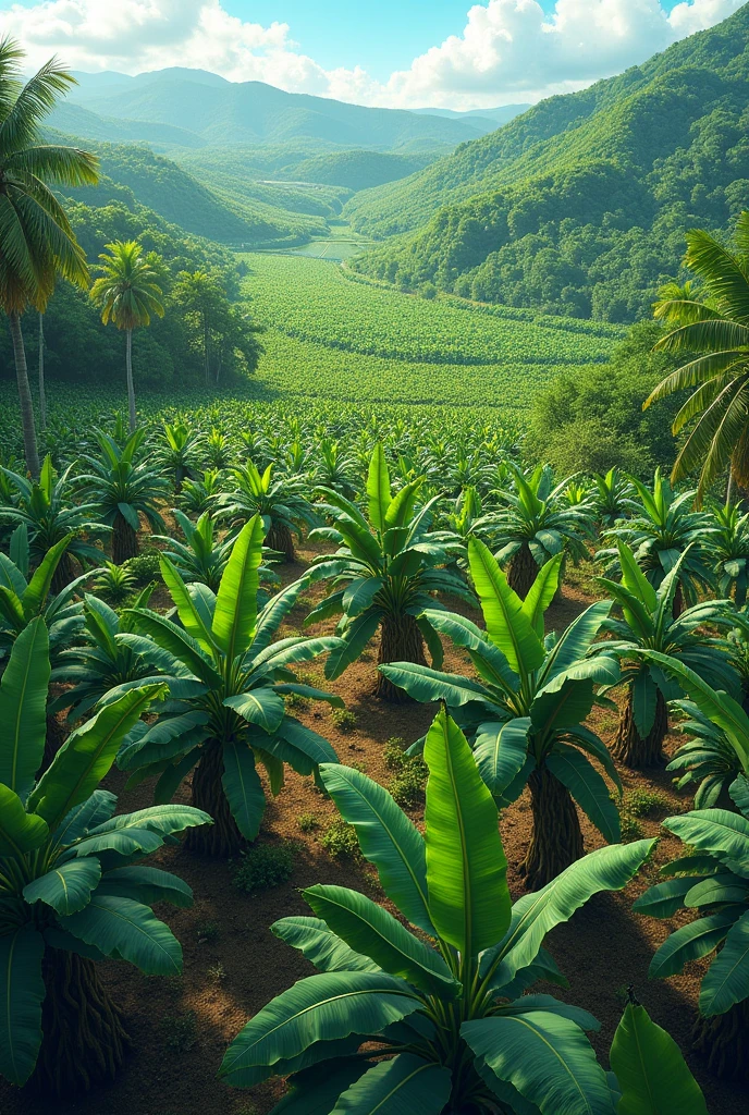 Can you create a banana farm for me?, in drawing style, that it can be seen from a high angle and the farm is large, that there is no road or people Painting