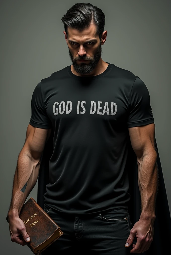 Shirt that says God is dead and a bible in hand Superman concept (Nietzsche) philosophical Nihilism