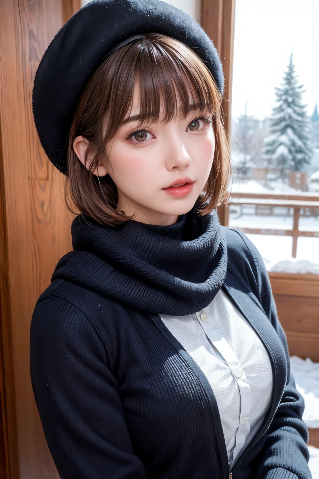 (masterpiece, Highest quality),One Girl, solo, Black-haired, scarf, hat, Realistic, Realistic, Looking at the audience, Light-coloured black eyes, Short brunette bob hair, Brown coat, Winter clothes, White headscarf, Lips, Bans, Plein Air, Mouth closed, Upper body、Big eyes、Eyelashes、((Beautiful landscape with sparkling snow))、(((Short bob hair with bangs、Shiny Hair、Big eyes、large full chest、Intensely accentuates the eyes、Staring at the audience、Beautiful beauty、Listen carefully、Long neck、Smile a little、Please close your mouth and laugh、Ideal body proportions)))、{huge|big|hugeな|Mega} chest:2, chestの谷間:2