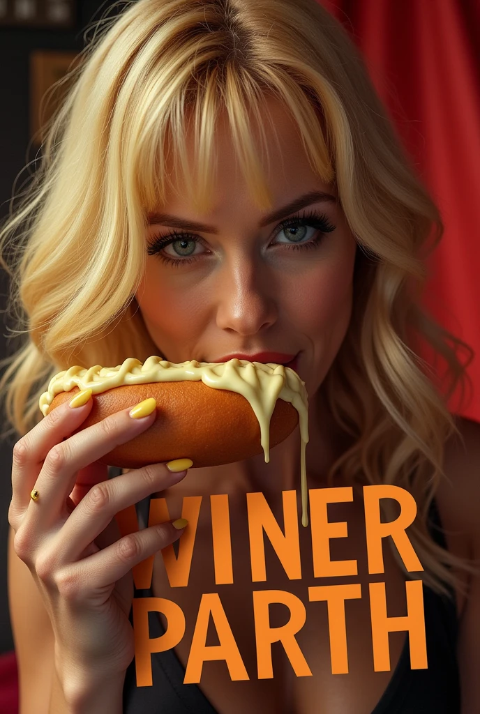 Weiner Movie Title Text="Weiner Party",  Adult Movie Poster starring "Daphne Blake", Daphne Blake eating a mayonnaise covered weiner. Mayonnaise dripping  on face and dripping off her chin