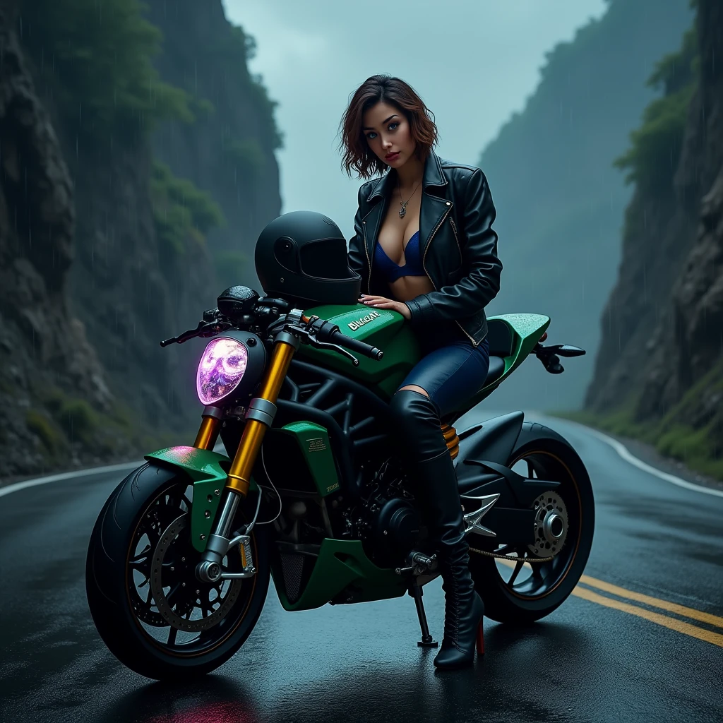 crée une image haute qualité 8K, photo réaliste, une moto, vu trois quart de type sportive, marque Ducati Panigale racing de couleur vert bouteille posée sur sa béquille, caque moto noir matte visière iridium violet poser sur le réservoir moto , doucement teinté par les reflets de la nuit, tempe humide, pleut, elle se trouve sur une route sombre, entouré de falaise, avec au fond un tunnel rocheux, Le ciel est illuminée par les lueur des étoiles, avec quelques nuages épars avec le personnage femme 30 ans Wenwen Han nette, assise sur la selle moto, yeux bleu perçant, taquin, peau bronzé, cheveux châtain coupé court et ondulés avec une mèche qui tombe un peu sur visage, tombent librement autour du coup, avec pantalon de motarde épais, des bottes haute moto, elle est seins nue, avec veste cuire demi ouvert, main gauche sur cuisse , mains porte soutien gorge dentelle bleu par bretelle, un collier avec pendentif en forme de poignard,