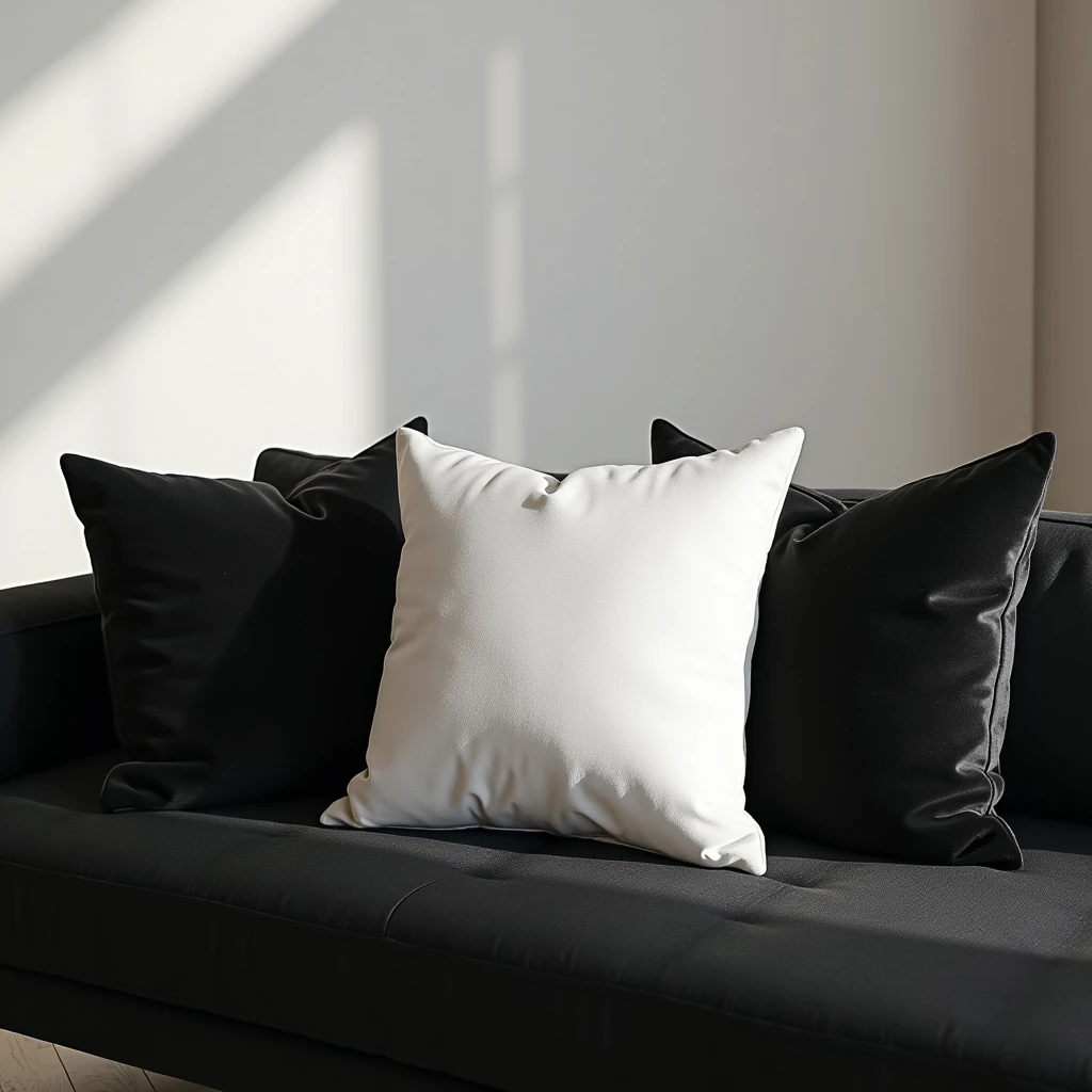 Plain decorative pillows for black and white sofa, generate a photo to advertise on shopee