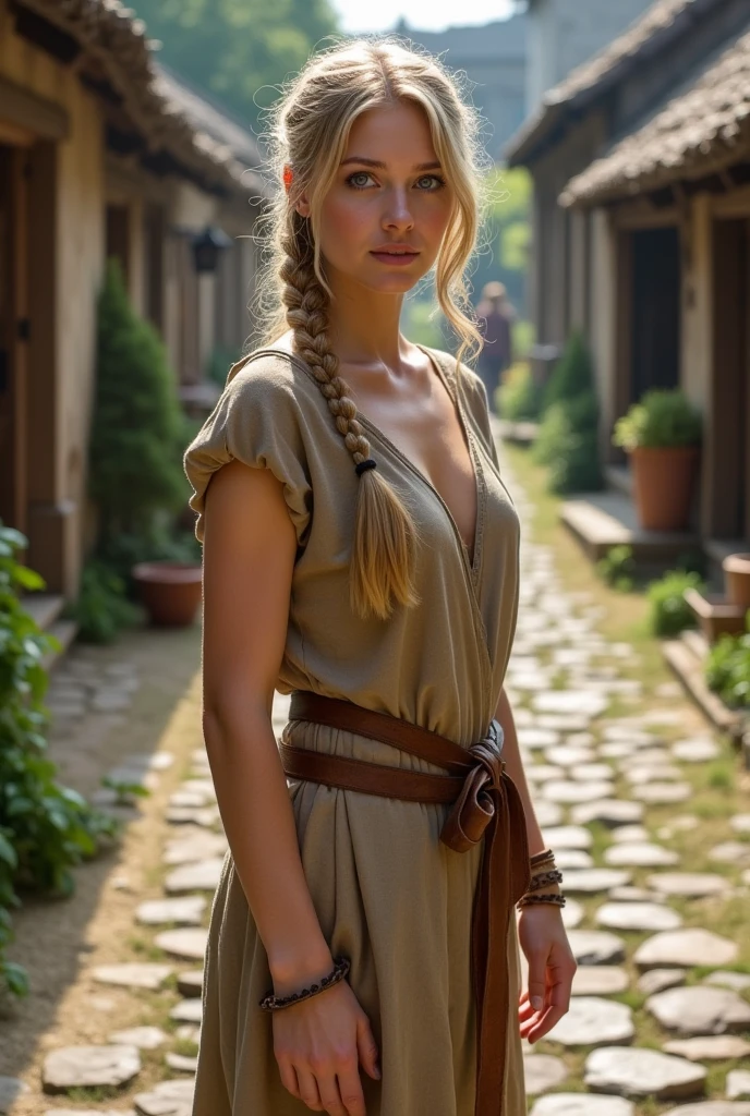 Imagine a woman standing at the edge of a bustling medieval village, her presence commanding attention despite her humble surroundings. Her long, blonde hair is loosely braided, with a few tendrils escaping to frame her striking blue eyes. Her fair skin is lightly sun-kissed from long hours spent outdoors, and her cheeks have a natural, rosy flush. She is dressed in the simple but form-fitting attire of a peasant woman: a plain, earth-toned linen dress that clings to her curvy figure, with a modest yet low-cut neckline that subtly hints at her generous breasts. The dress is cinched at the waist with a simple leather belt, drawing attention to her hourglass shape. The skirt, though modest in length, has a worn hem that lifts slightly as she walks, revealing her strong, thick legs and sturdy boots beneath.

The village around her is alive with the sounds of daily life—children playing, merchants calling out their wares, and the distant clatter of blacksmiths at work. The cobblestone path is lined with wooden cottages and small gardens, the air filled with the scent of fresh bread and blooming herbs. Her blue eyes are sharp and observant, filled with quiet determination as she surveys the scene, her posture one of resilience and quiet strength. Despite the simplicity of her attire, there is an undeniable allure in her natural beauty and the confidence she carries, making her stand out against the rustic backdrop of the medieval village.