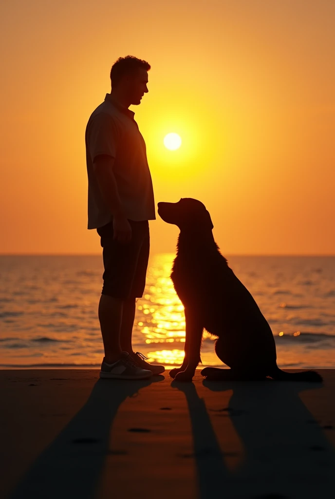 image of dog and man as shadows of light, realist. Dog accompanying man, both looking at each other at sunset in the sea with the reflection of the sun