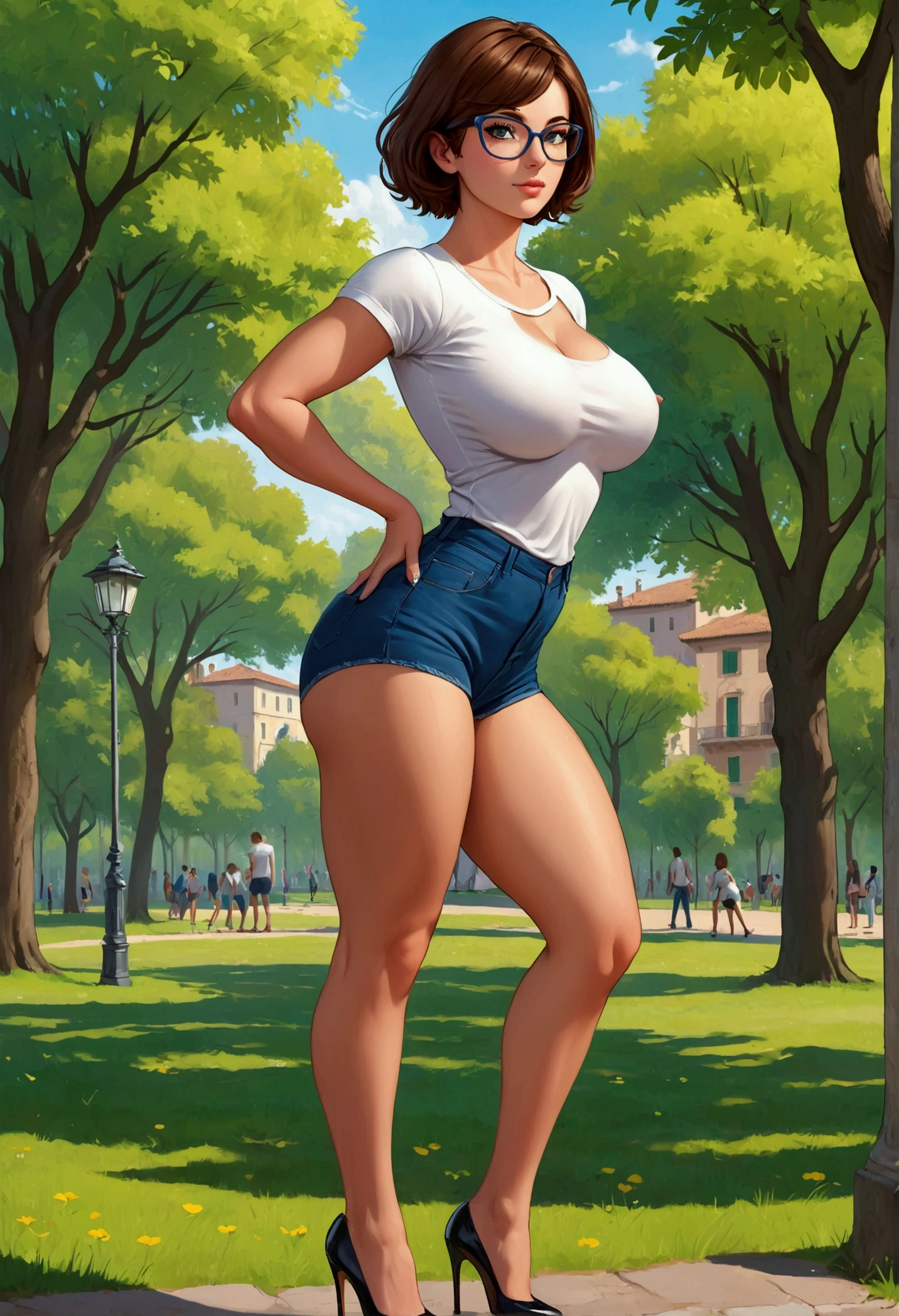 20 years old woman, Short brown hair, Mediterranean with blue eyes, Generous and heavy breasts, slender waist, estomac defini, fesses rebondies et pulpeuses, naturally curved, muscular thighs, aguicheuse, lunettes, air joyeux, jean, teeshirt, heels, in a park