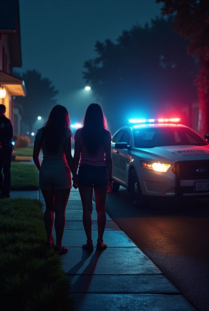  A nighttime scene outside a suburban home, with police cars parked in front, their lights flashing. Two women (Francisca Lavín and Antonia Necul) are being handcuffed by officers near the entrance of the house. The image could include a few officers, one possibly holding a flashlight, and the house in the background, partially illuminated by the police lights.