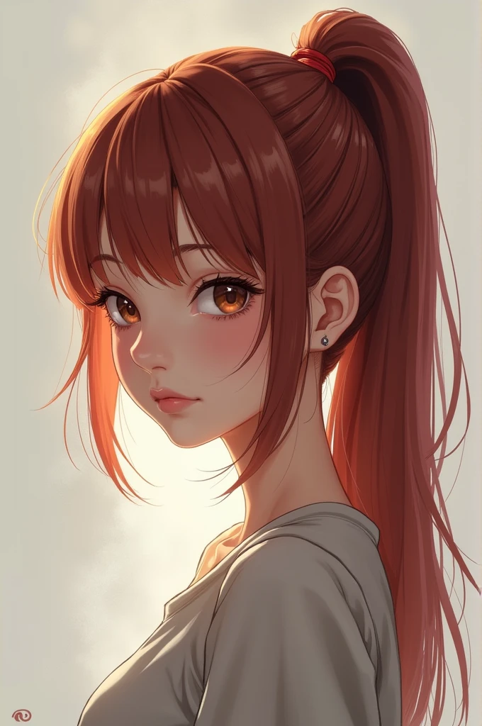 Character with hair tied in a ponytail with bangs