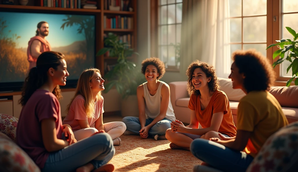 Create a realistic image of a cozy living room, where a diverse group of people are gathered in front of a large television, watching a nice video from the channel "Scenes from Scripture" no YouTube. People&#39;s facial expressions are of joy and fascination, reflecting the emotional connection to the content. The room is decorated with plants, colorful pillows and a bookshelf full of books, criando um ambiente acolhedor. Soft sunlight comes through the window, brightening the scene and bringing a sense of warmth and community.