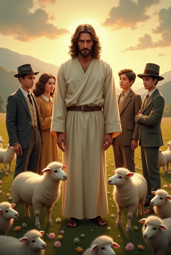 Draw jesus with swing kids and cute sheep around 