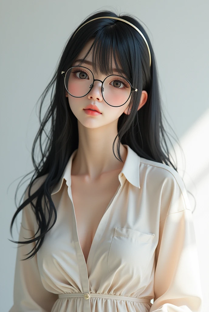 Wear glasses, 1 Japan, Long Hair, High resolution, Small breasts, vision, Black Hair, Anatomically correct, Sparkling eyes, Eyebrows hidden under hair, hair band, Lightweight long shirt dress, Full body portrait,Long Hair, look up, Portrait Photography, 3D Rendering,Ahegao,