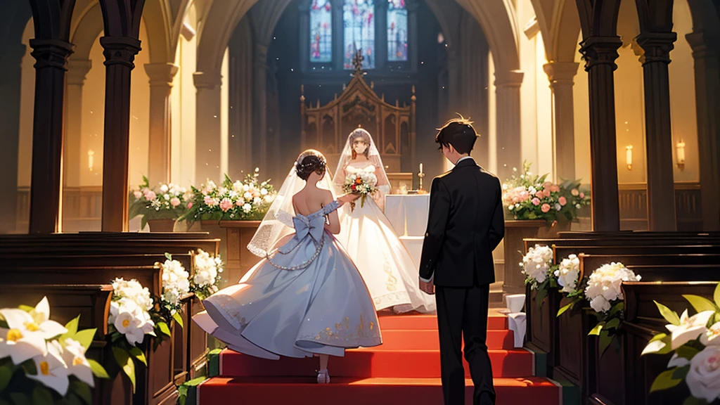 The scene shows a boy and the girl from his dream getting married in a beautifully decorated church. The view is from behind them, capturing the couple standing at the altar. The church is adorned with floral arrangements and festive decorations, creating a vibrant and joyful atmosphere. The background features colorful flowers and elegant festival-themed decor, enhancing the celebratory mood of their wedding ceremony.