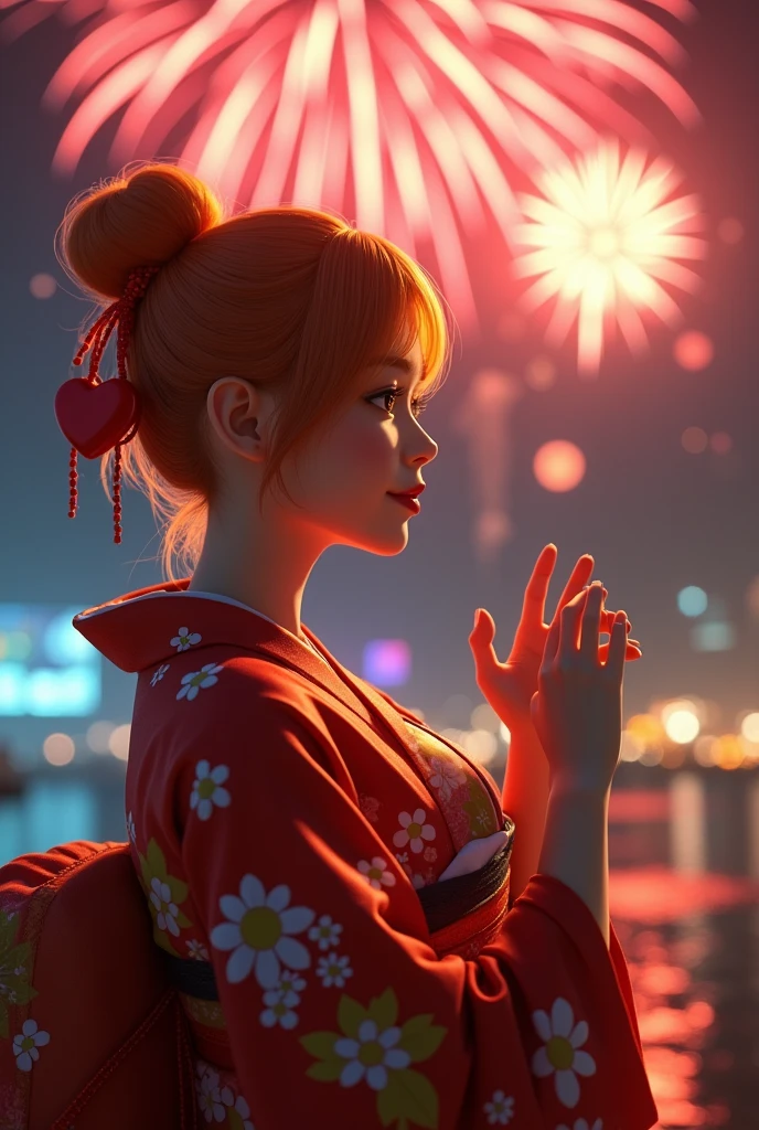 yukata,happiness,(lewd:1.5),vaginal sex,nsfw ,while watching fireworks,((masterpiece)), (best quality), extremely detailed CG unity 8k wallpaper, highly detailed, shiny skin, Depth of field, vivid color, girl, orange hair, only hair bun, sideburns, hair between eyes, brown eyes,big breast,spoken heart,smile