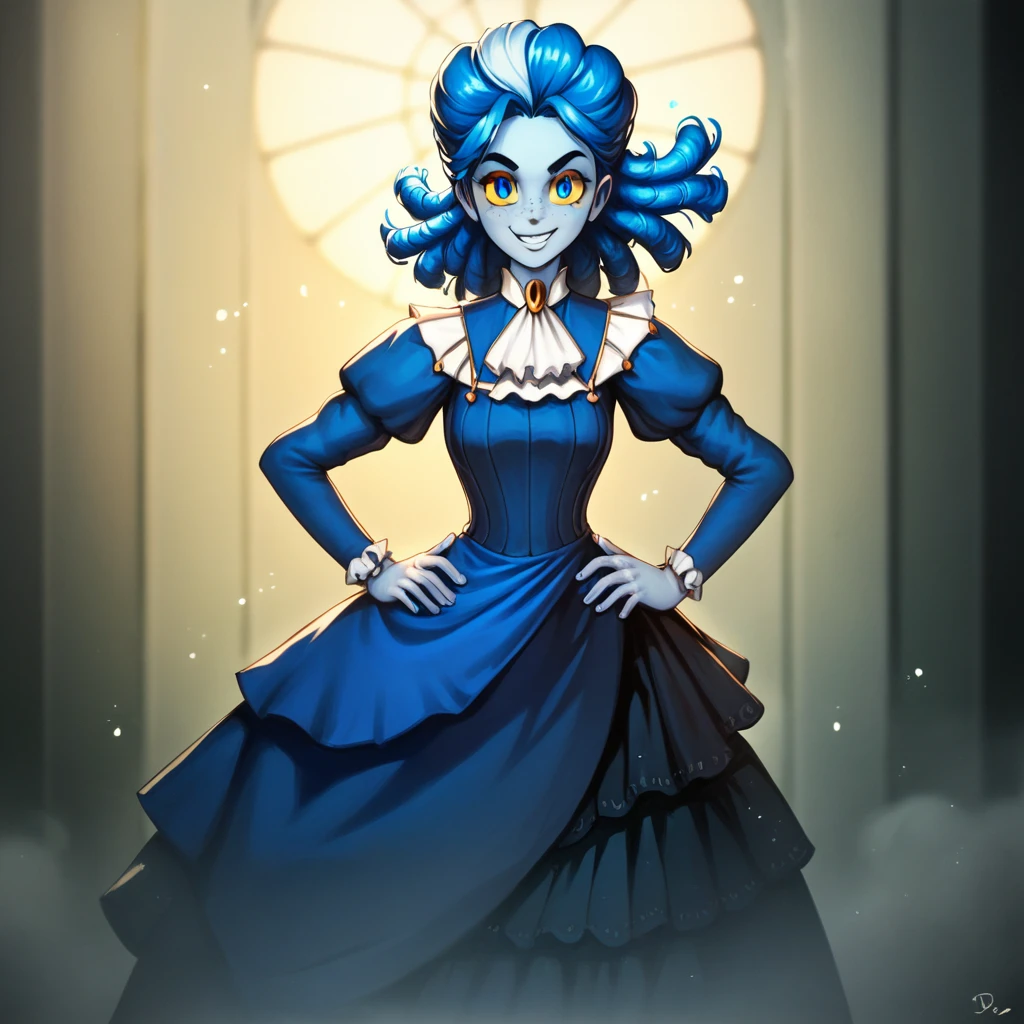 victorianstyle, frankelda, 1girl, solo, dress, striped, blue hair, puffy sleeves, colored skin, freckles, standing, evil smile, look at viewer, hands on hips, glowing blue eyes, yellow sclera, standing in a living room with a spiderweb rosette background, dark ambient, half body view, dust particles floating in the air