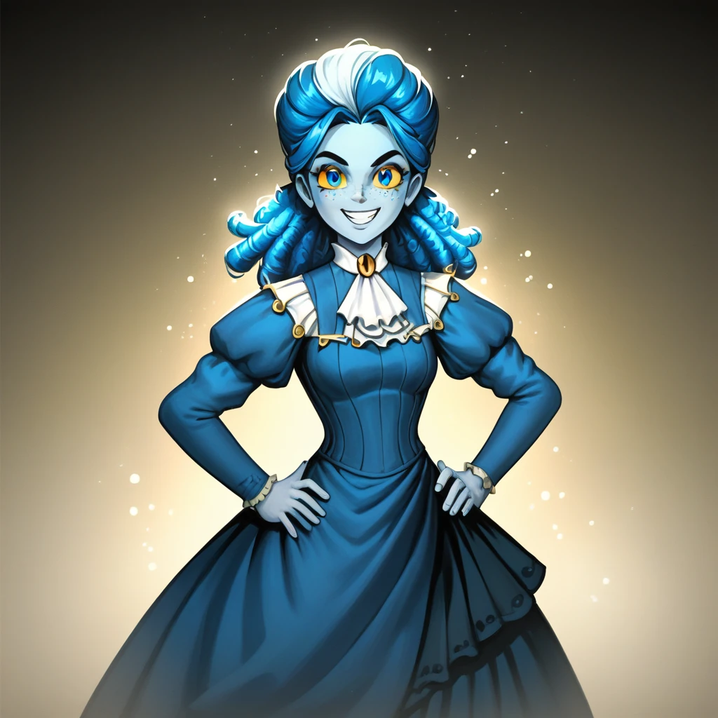 victorianstyle, frankelda, 1girl, solo, dress, striped, blue hair, puffy sleeves, colored skin, freckles, standing, evil smile, look at viewer, hands on hips, glowing blue eyes, yellow sclera, standing in a living room with a spiderweb rosette background, dark ambient, half body view, dust particles floating in the air