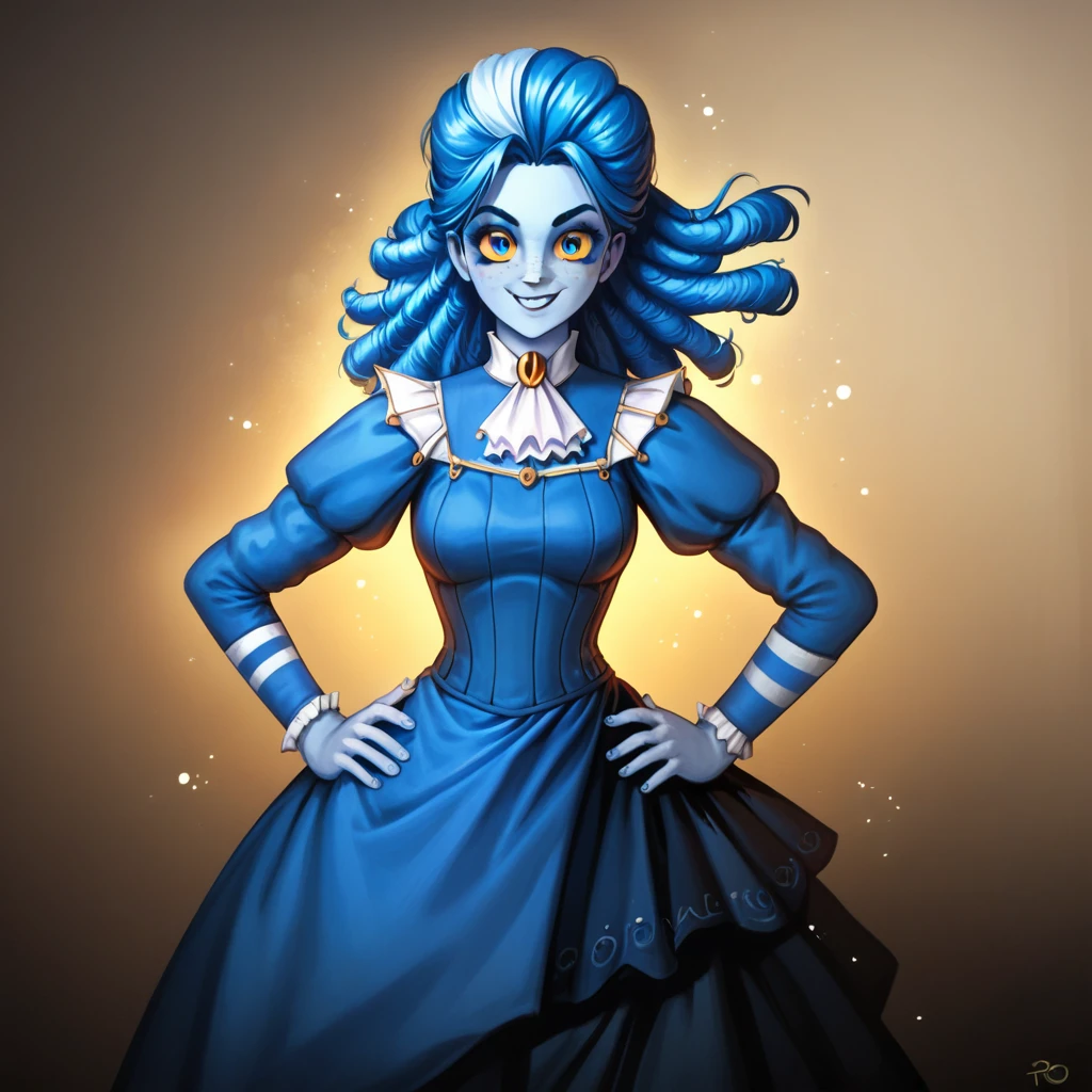 victorianstyle, frankelda, 1girl, solo, dress, striped, blue hair, puffy sleeves, colored skin, freckles, standing, evil smile, look at viewer, hands on hips, glowing blue eyes, yellow sclera, standing in a living room with a spiderweb rosette background, dark ambient, half body view, dust particles floating in the air