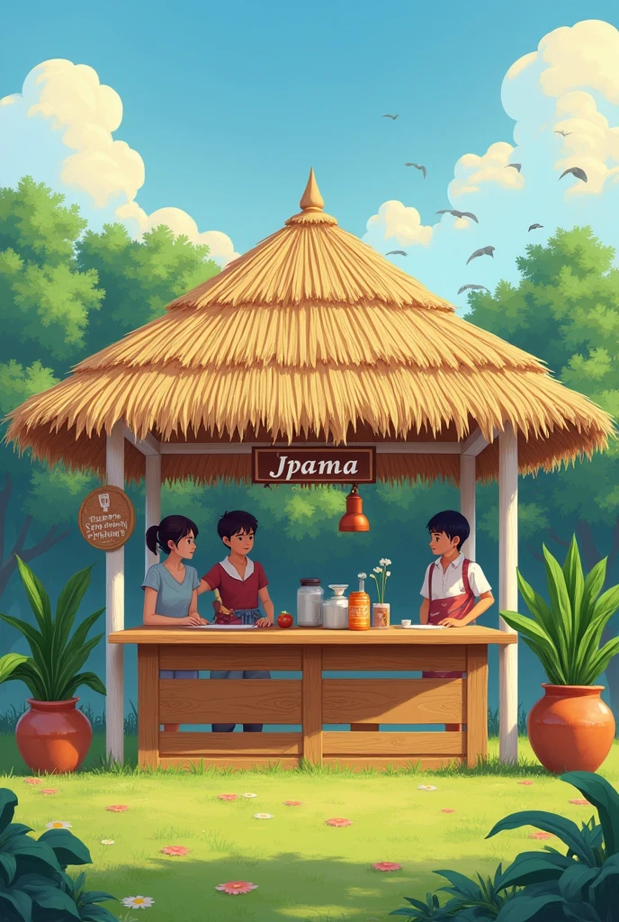 create a very simple, realistic, nipa hut booth, no walls, nipa roof, located in SCHOOL field with a big flower vase or an aesthetic green plant on the right side and abaniko fans on the left side with baníg or filipino mat. put JPAMA word signage on the front. put a big table inside. filipino style. with 4 white sticks as pillars. surround it with students outside the booth.