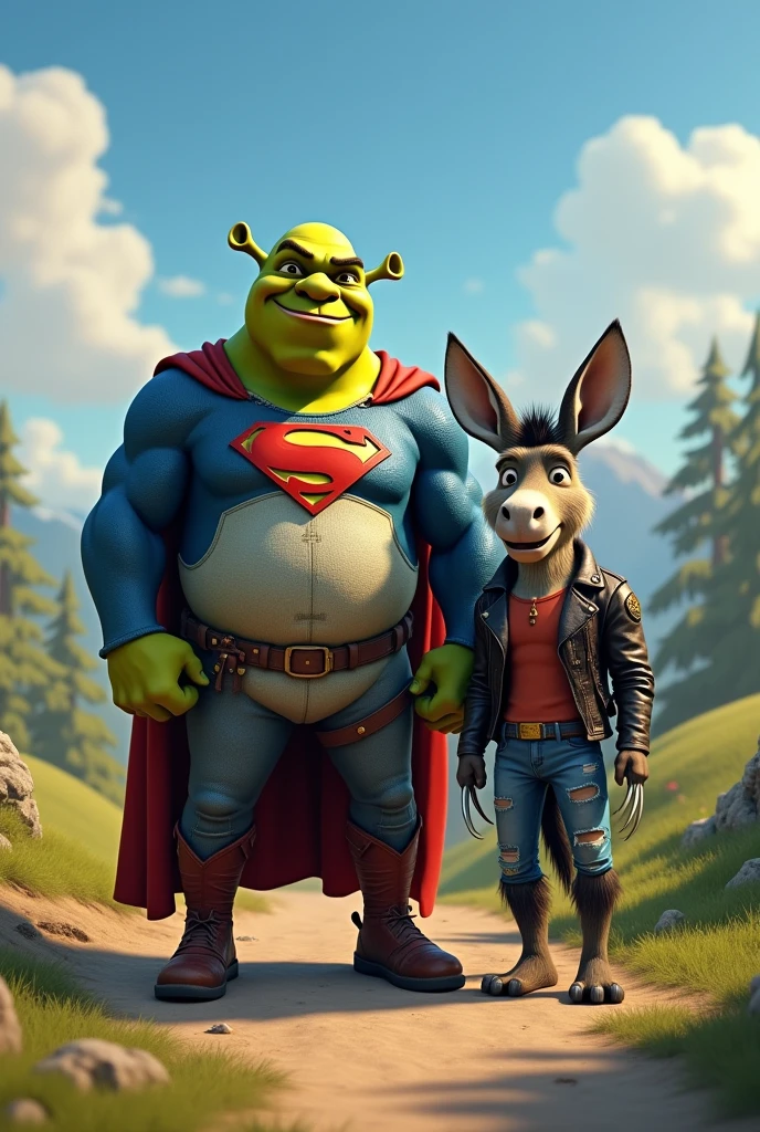 Sherek com roupa de superman e burro com roupa do Wolverine 
