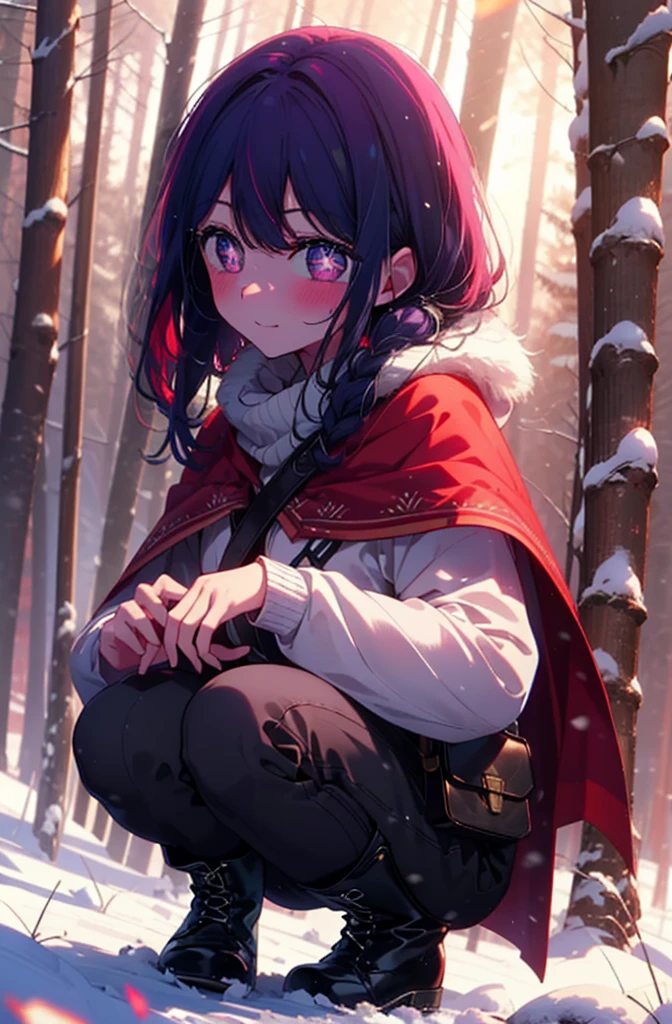 aihoshino, Ai Hoshino, Long Hair, bangs, (Purple eyes:1.1), Purple Hair, (Symbol-shaped pupil:1.5), smile,,smile,blush,white breath,
Open your mouth,snow,Ground bonfire, Outdoor, boots, snowing, From the side, wood, suitcase, Cape, Blurred, , forest, White handbag, nature, Squat, Mouth closed, Cape, winter, Written boundary depth, Black shoes, red Cape break looking at viewer, Upper Body, whole body, break Outdoor, forest, nature, break (masterpiece:1.2), Highest quality, High resolution, unity 8k wallpaper, (shape:0.8), (Beautiful and beautiful eyes:1.6), Highly detailed face, Perfect lighting, Highly detailed CG, (Perfect hands, Perfect Anatomy),