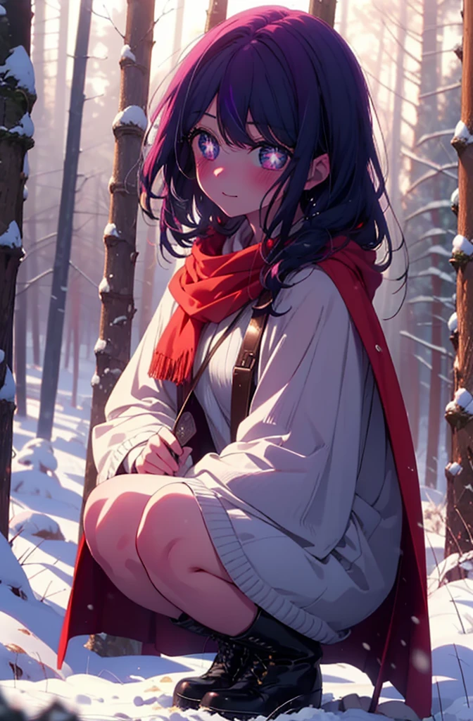 aihoshino, Ai Hoshino, Long Hair, bangs, (Purple eyes:1.1), Purple Hair, (Symbol-shaped pupil:1.5), smile,,smile,blush,white breath,
Open your mouth,snow,Ground bonfire, Outdoor, boots, snowing, From the side, wood, suitcase, Cape, Blurred, , forest, White handbag, nature,  Squat, Mouth closed, Cape, winter, Written boundary depth, Black shoes, red Cape break looking at viewer, Upper Body, whole body, break Outdoor, forest, nature, break (masterpiece:1.2), Highest quality, High resolution, unity 8k wallpaper, (shape:0.8), (Beautiful and beautiful eyes:1.6), Highly detailed face, Perfect lighting, Highly detailed CG, (Perfect hands, Perfect Anatomy),